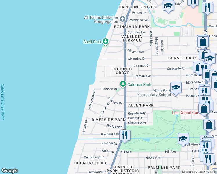 map of restaurants, bars, coffee shops, grocery stores, and more near 1264 Caloosa Drive in Fort Myers