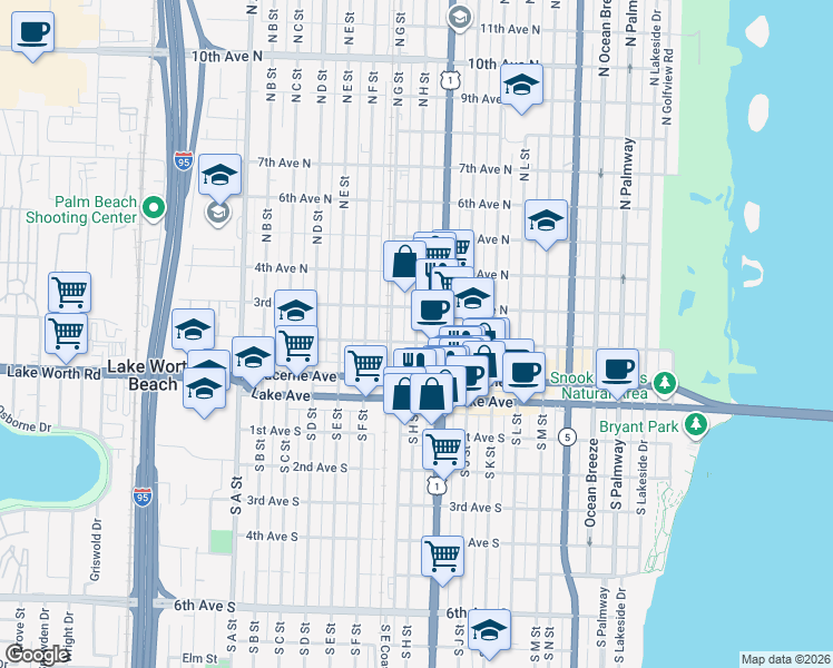 map of restaurants, bars, coffee shops, grocery stores, and more near in Lake Worth