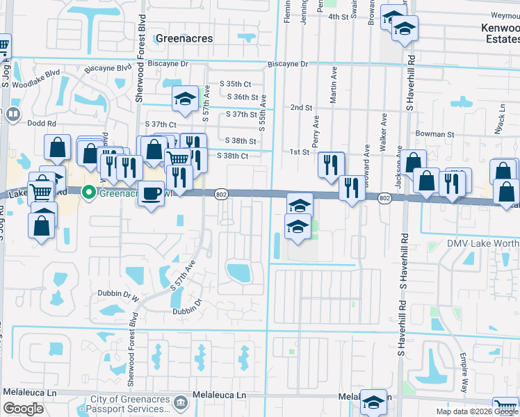 map of restaurants, bars, coffee shops, grocery stores, and more near 92 Lisa Lane in Lake Worth