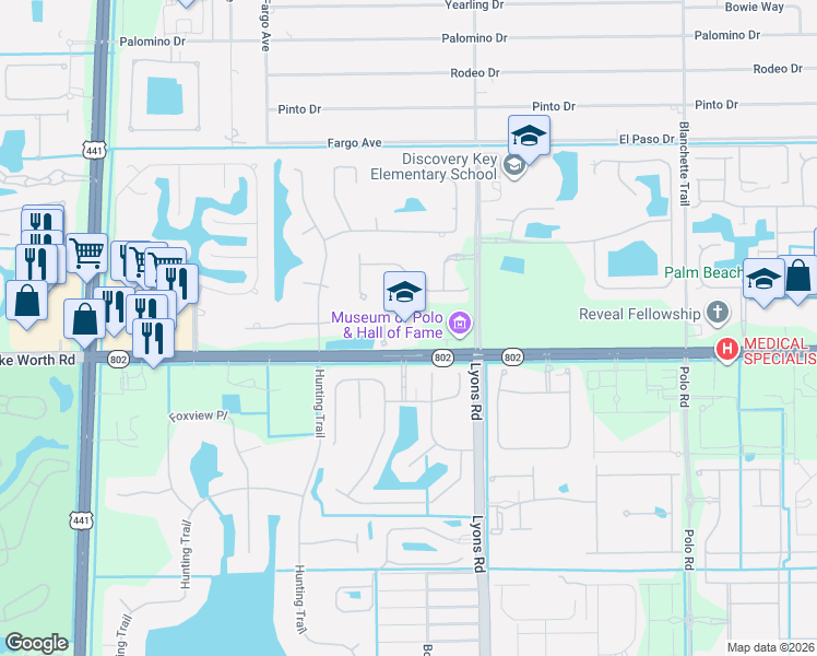 map of restaurants, bars, coffee shops, grocery stores, and more near 9201 Florida 802 in Lake Worth