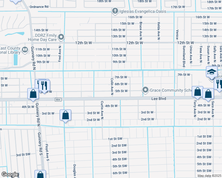 map of restaurants, bars, coffee shops, grocery stores, and more near 501 Colin Avenue North in Lehigh Acres