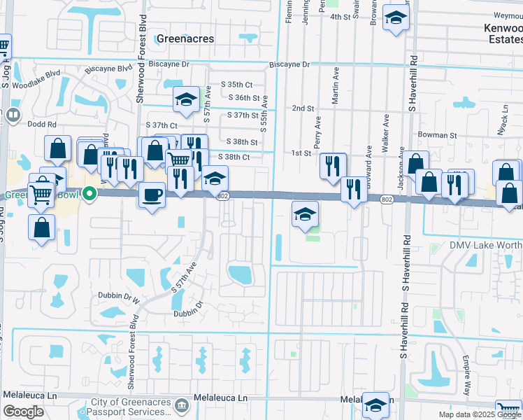 map of restaurants, bars, coffee shops, grocery stores, and more near 92 Lisa Lane in Lake Worth