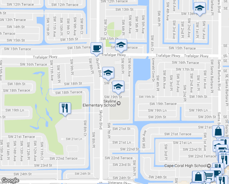 map of restaurants, bars, coffee shops, grocery stores, and more near 622 Southwest 18th Street in Cape Coral