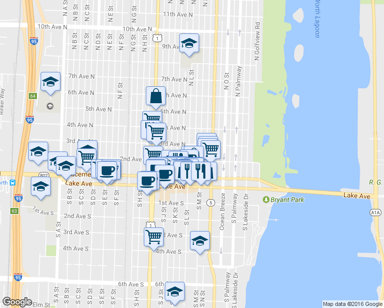 map of restaurants, bars, coffee shops, grocery stores, and more near 214 North L Street in Lake Worth