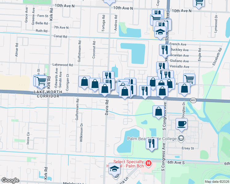 map of restaurants, bars, coffee shops, grocery stores, and more near 3395 Florida 802 in Palm Springs