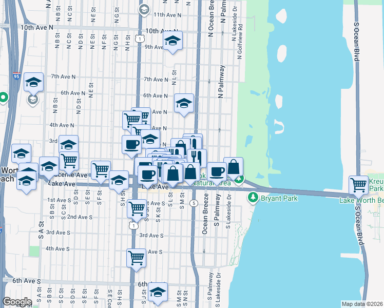 map of restaurants, bars, coffee shops, grocery stores, and more near 300 North Federal Highway in Lake Worth