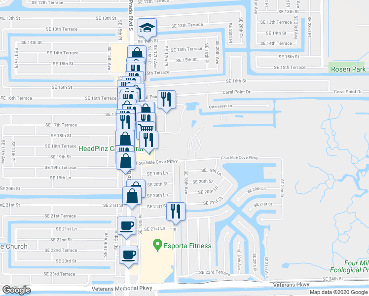 map of restaurants, bars, coffee shops, grocery stores, and more near 1757 Four Mile Cove Parkway in Cape Coral