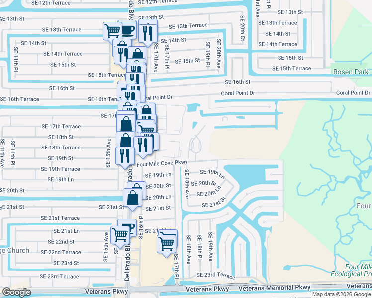 map of restaurants, bars, coffee shops, grocery stores, and more near 1757 Four Mile Cove Parkway in Cape Coral