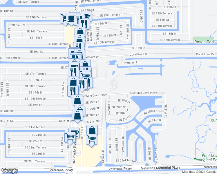 map of restaurants, bars, coffee shops, grocery stores, and more near 1757 Four Mile Cove Parkway in Cape Coral