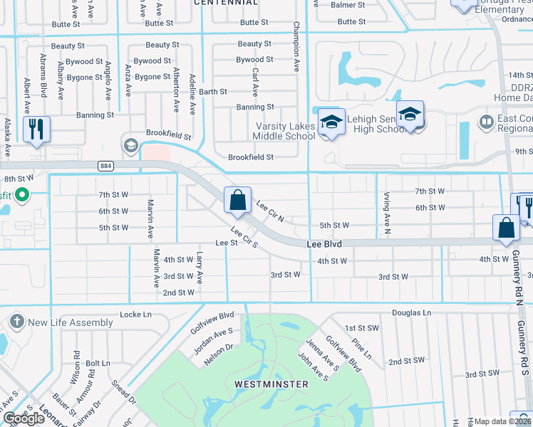 map of restaurants, bars, coffee shops, grocery stores, and more near 5001 Lee Circle North in Lehigh Acres