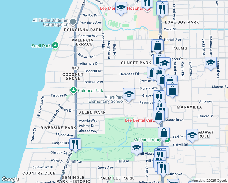 map of restaurants, bars, coffee shops, grocery stores, and more near 1627 Moreno Avenue in Fort Myers