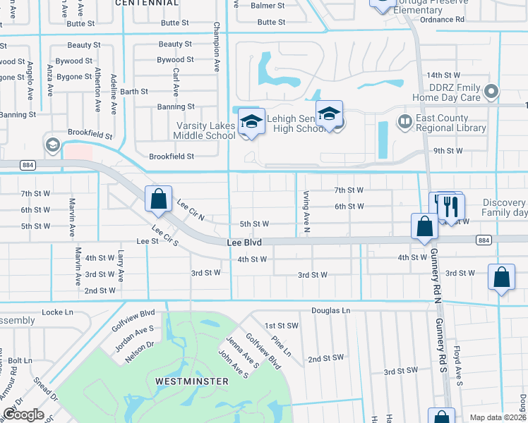 map of restaurants, bars, coffee shops, grocery stores, and more near 4710 6th Street West in Lehigh Acres