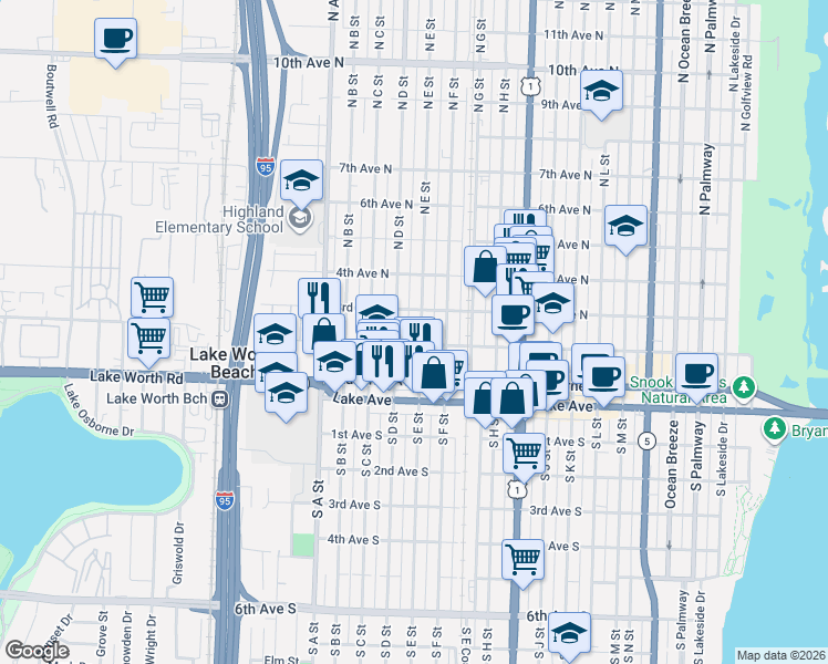 map of restaurants, bars, coffee shops, grocery stores, and more near 230 North E Street in Lake Worth