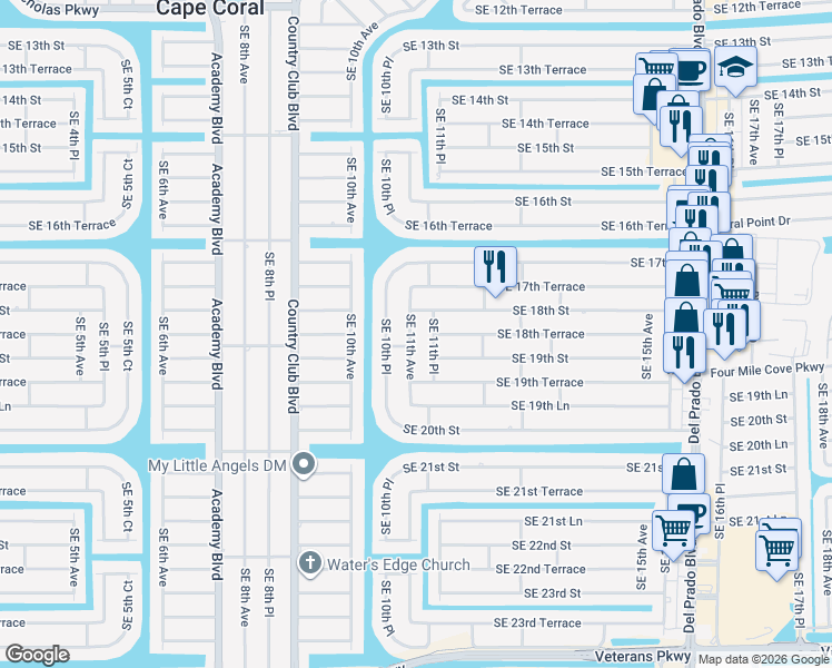 map of restaurants, bars, coffee shops, grocery stores, and more near 1806 Southeast 11th Avenue in Cape Coral