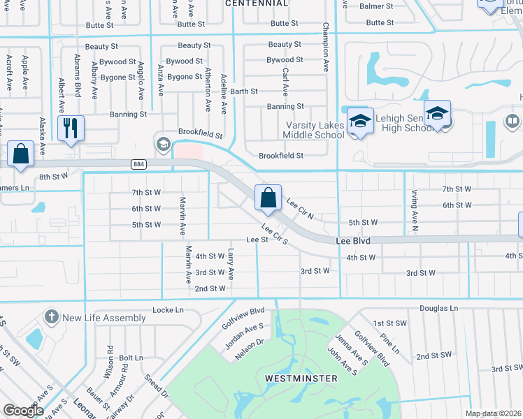 map of restaurants, bars, coffee shops, grocery stores, and more near 5018 County Road 884 in Lehigh Acres