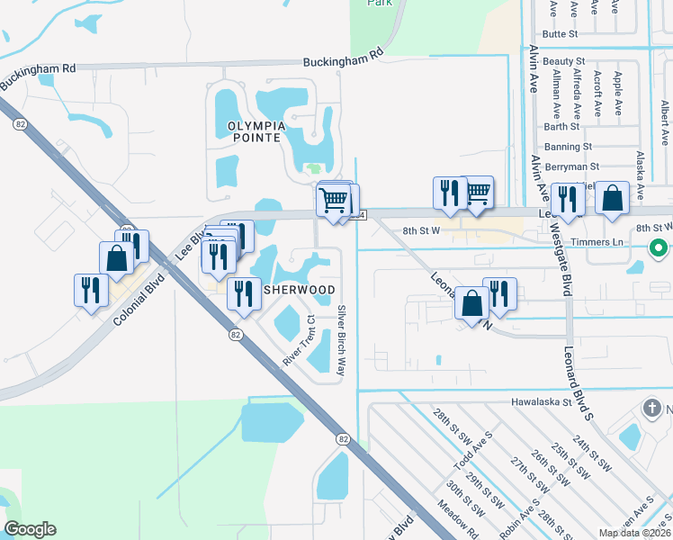 map of restaurants, bars, coffee shops, grocery stores, and more near 8069 Silver Birch Way in Lehigh Acres