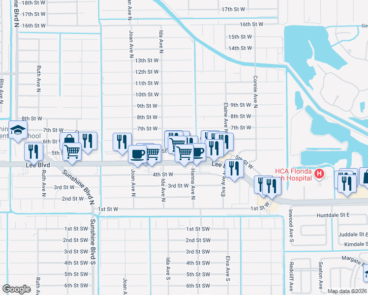map of restaurants, bars, coffee shops, grocery stores, and more near 2813 6th Street West in Lehigh Acres