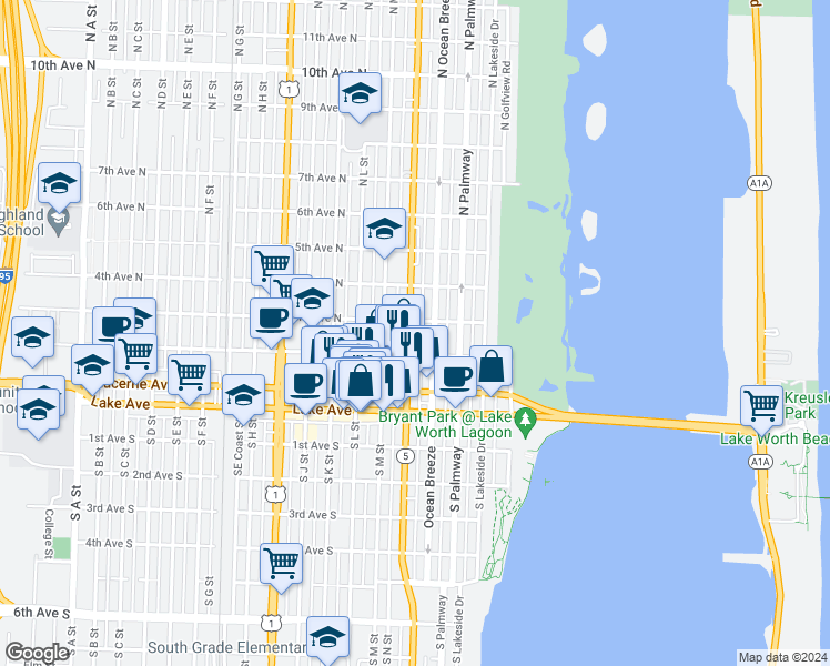 map of restaurants, bars, coffee shops, grocery stores, and more near 300 North Federal Highway in Lake Worth