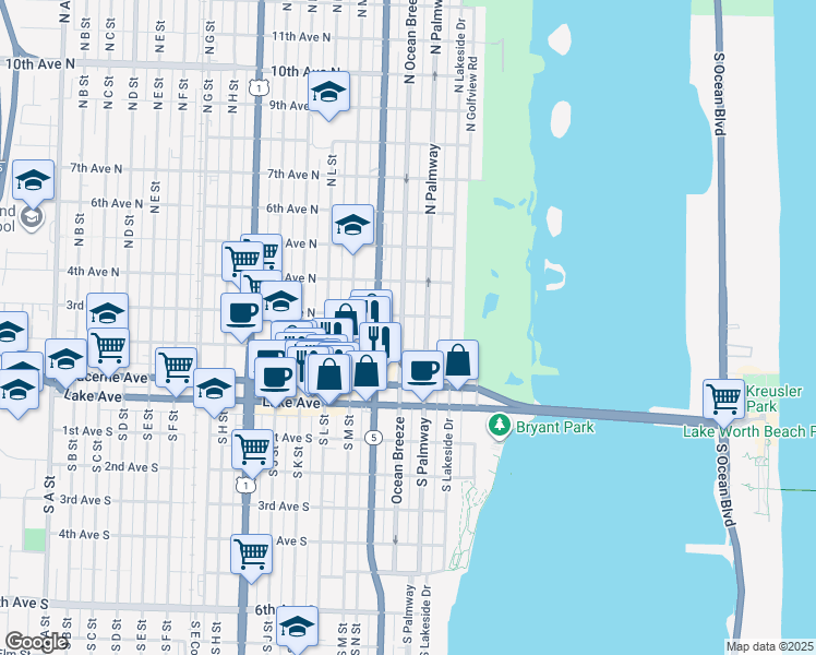 map of restaurants, bars, coffee shops, grocery stores, and more near 301 North Palmway in Lake Worth