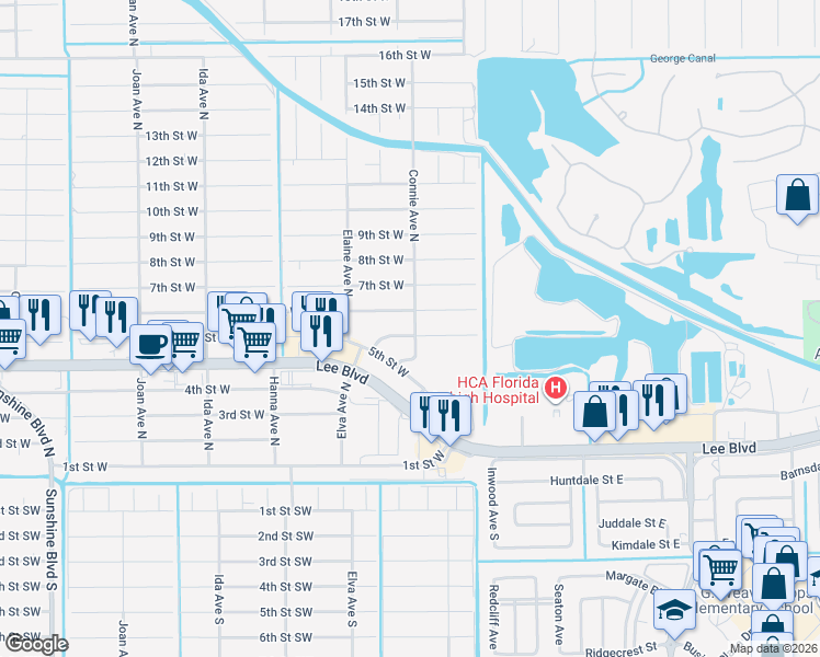 map of restaurants, bars, coffee shops, grocery stores, and more near 2517 6th Street West in Lehigh Acres