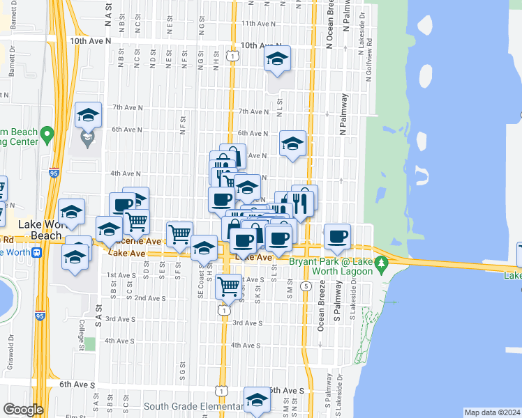 map of restaurants, bars, coffee shops, grocery stores, and more near 219 North K Street in Lake Worth