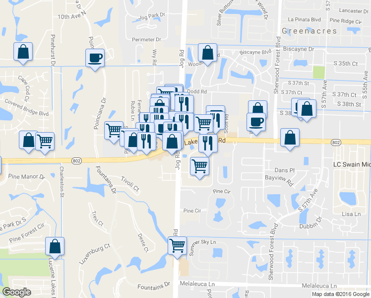 map of restaurants, bars, coffee shops, grocery stores, and more near 6496 Lake Worth Road in Greenacres