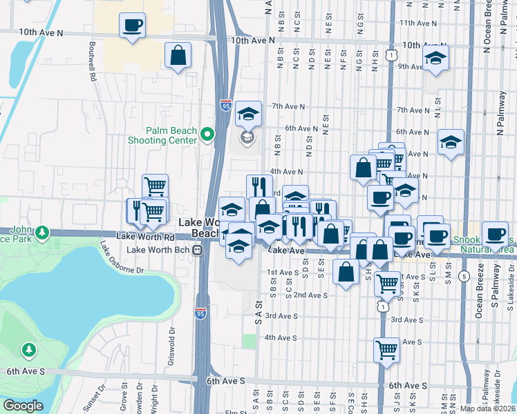 map of restaurants, bars, coffee shops, grocery stores, and more near 1715 3rd Avenue North in Lake Worth