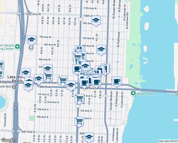 map of restaurants, bars, coffee shops, grocery stores, and more near 219 North K Street in Lake Worth