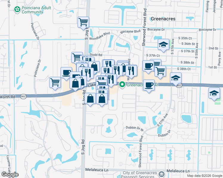 map of restaurants, bars, coffee shops, grocery stores, and more near 6300 Lake Worth Road in Greenacres