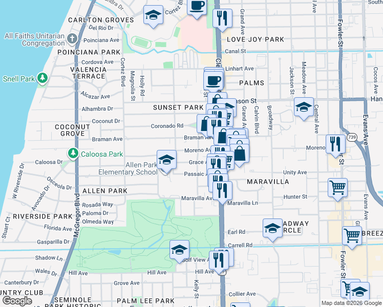 map of restaurants, bars, coffee shops, grocery stores, and more near 1865 Moreno Avenue in Fort Myers