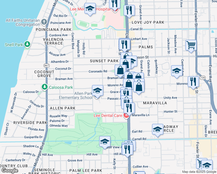 map of restaurants, bars, coffee shops, grocery stores, and more near 1840 Moreno Avenue in Fort Myers