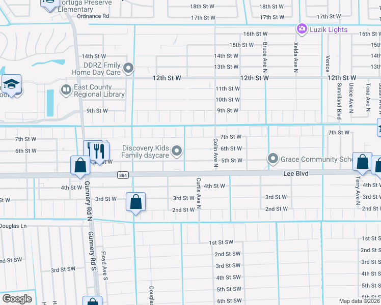 map of restaurants, bars, coffee shops, grocery stores, and more near 4017 6th Street West in Lehigh Acres