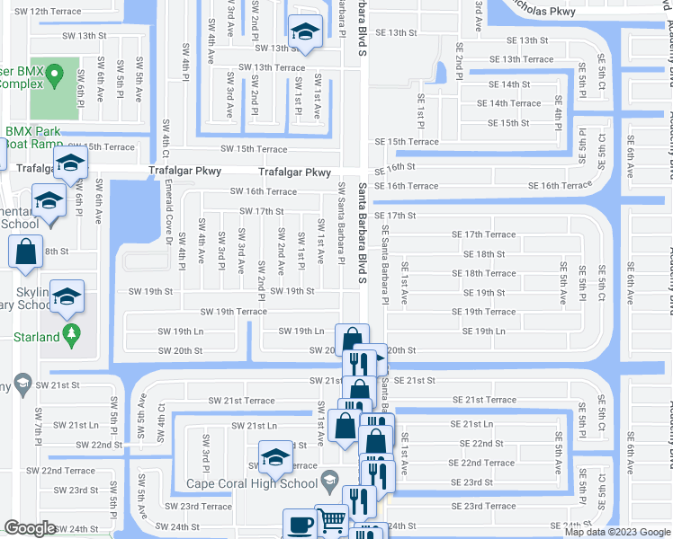 map of restaurants, bars, coffee shops, grocery stores, and more near 1814 Southwest Santa Barbara Place in Cape Coral