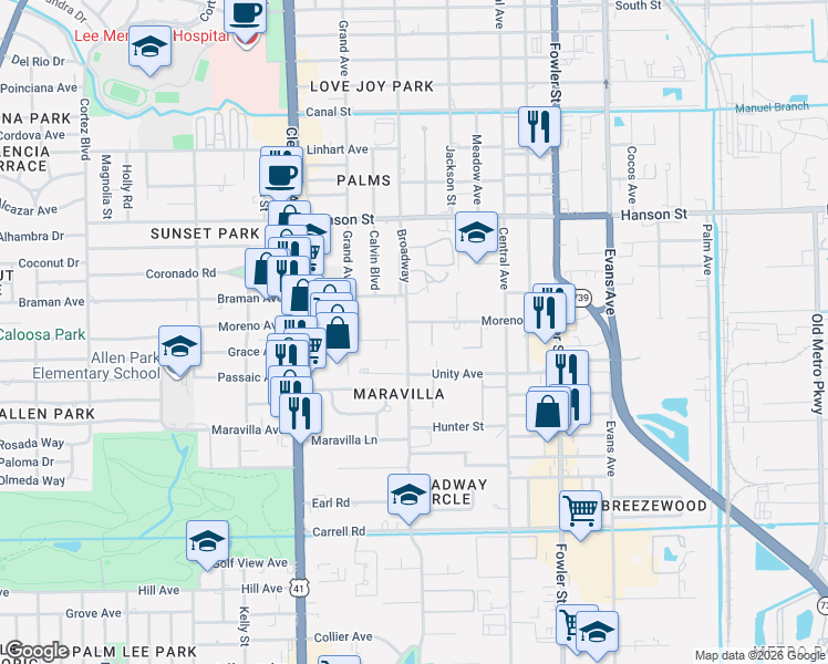 map of restaurants, bars, coffee shops, grocery stores, and more near 2214 Moreno Avenue in Fort Myers