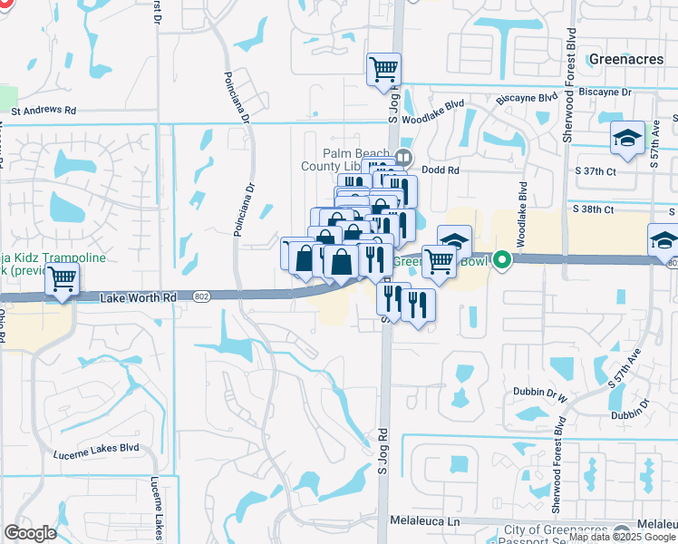 map of restaurants, bars, coffee shops, grocery stores, and more near 6651 Lake Worth Road in Greenacres