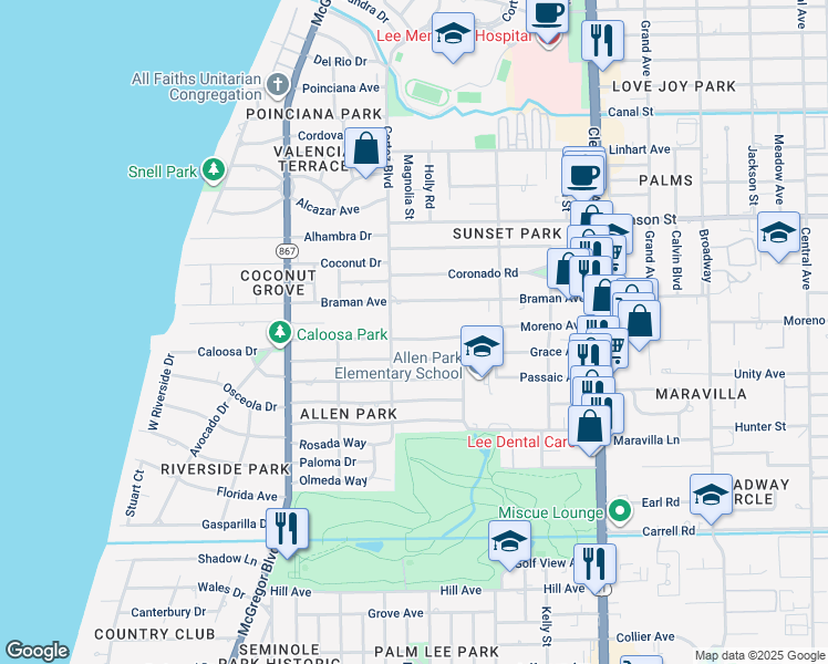 map of restaurants, bars, coffee shops, grocery stores, and more near 1627 Moreno Avenue in Fort Myers