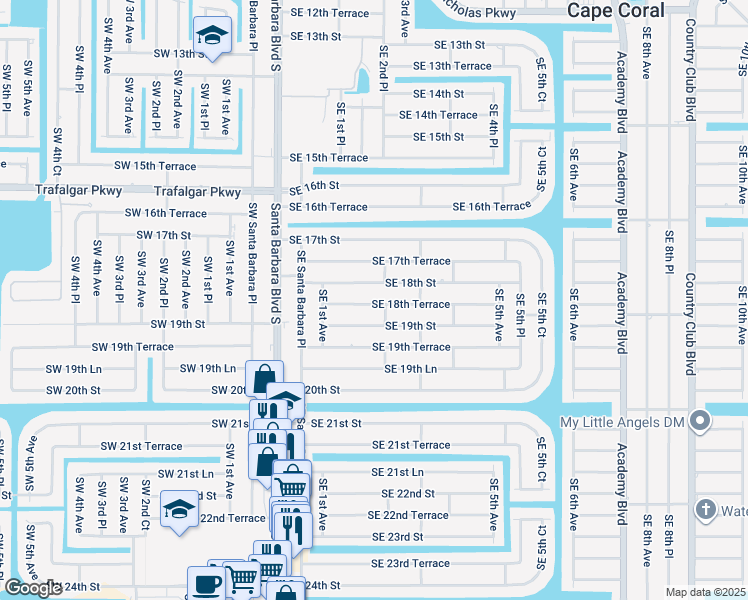 map of restaurants, bars, coffee shops, grocery stores, and more near 154 Southeast 18th Street in Cape Coral