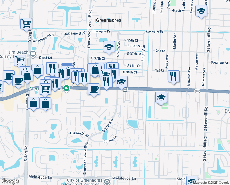 map of restaurants, bars, coffee shops, grocery stores, and more near 4000 South 57th Avenue in Greenacres