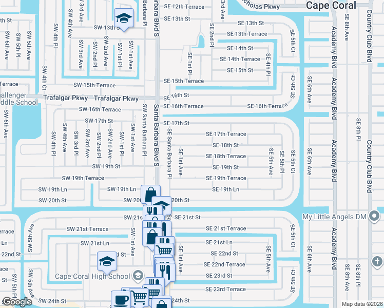 map of restaurants, bars, coffee shops, grocery stores, and more near 141 Southeast 18th Terrace in Cape Coral
