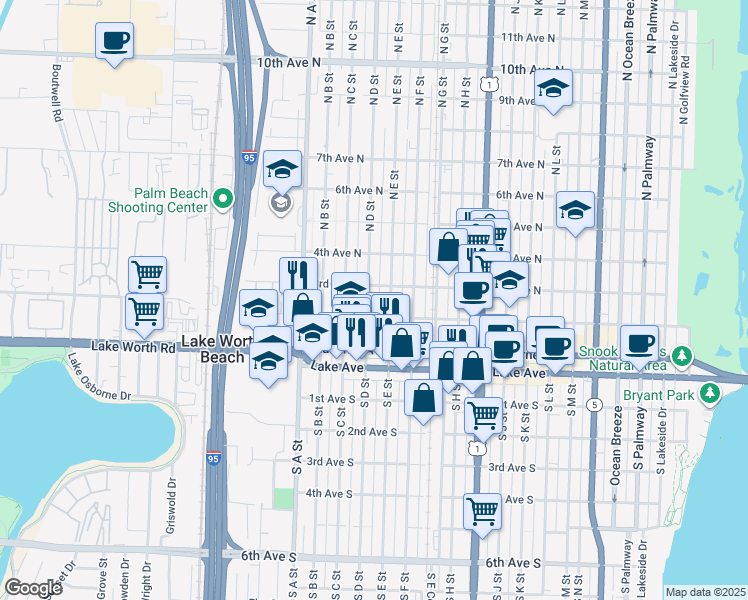 map of restaurants, bars, coffee shops, grocery stores, and more near 229 North D Street in Lake Worth