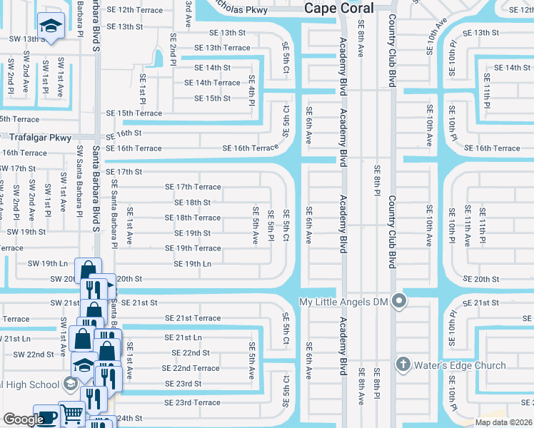 map of restaurants, bars, coffee shops, grocery stores, and more near 1801 Southeast 5th Avenue in Cape Coral