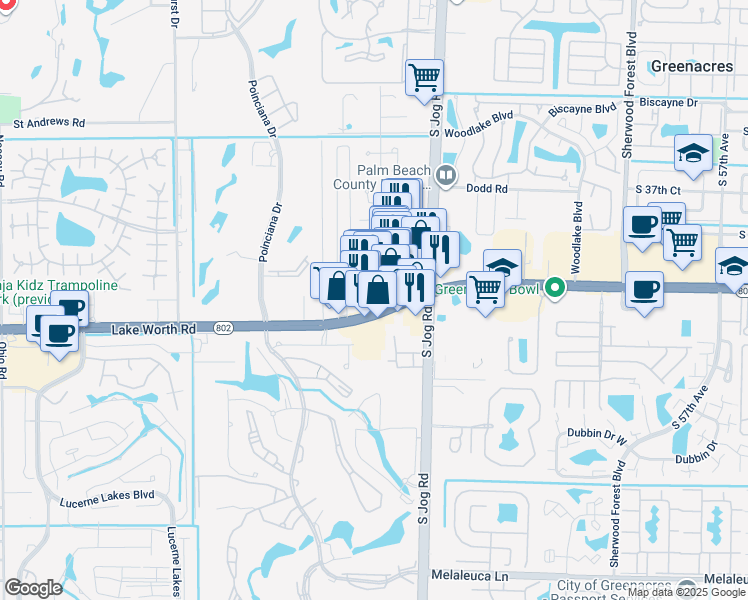 map of restaurants, bars, coffee shops, grocery stores, and more near 6651 Lake Worth Road in Greenacres