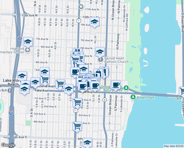 map of restaurants, bars, coffee shops, grocery stores, and more near 302 North K Street in Lake Worth