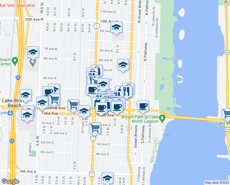 map of restaurants, bars, coffee shops, grocery stores, and more near 219 North L Street in Lake Worth