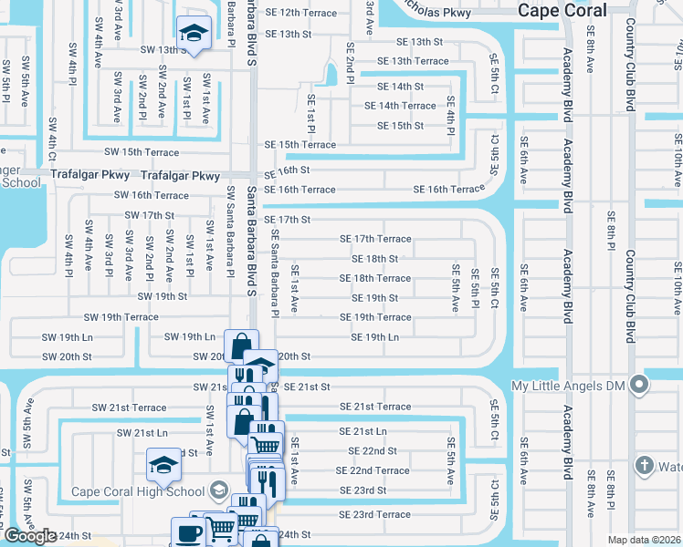 map of restaurants, bars, coffee shops, grocery stores, and more near 154 Southeast 18th Street in Cape Coral