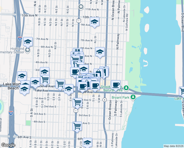 map of restaurants, bars, coffee shops, grocery stores, and more near 219 North L Street in Lake Worth Beach