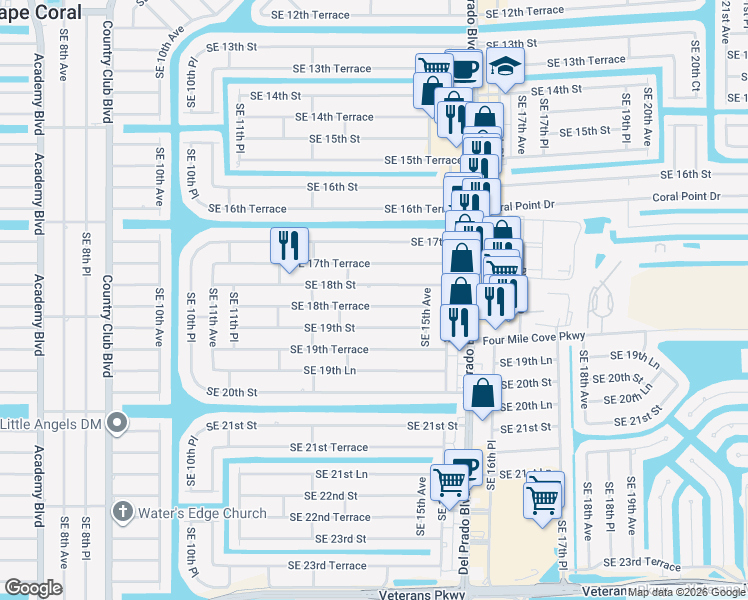map of restaurants, bars, coffee shops, grocery stores, and more near 1418 Southeast 18th Street in Cape Coral