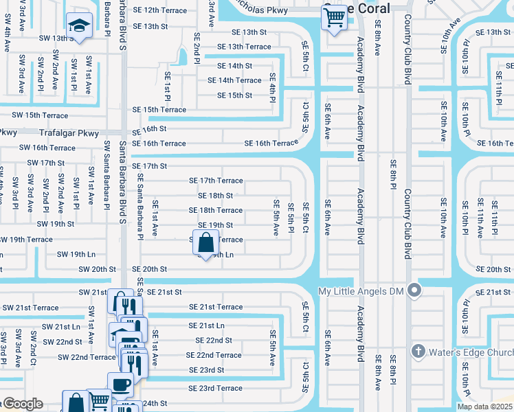 map of restaurants, bars, coffee shops, grocery stores, and more near 410 Southeast 18th Street in Cape Coral