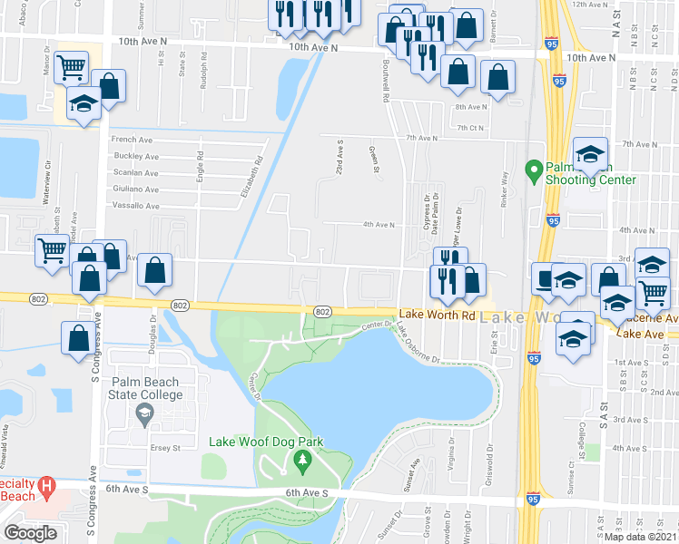 map of restaurants, bars, coffee shops, grocery stores, and more near 2269 2nd Avenue North in Lake Worth