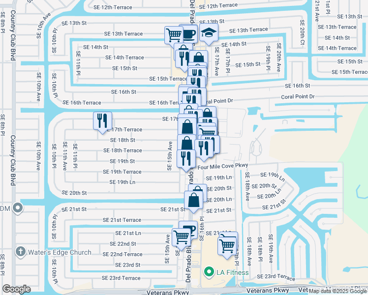 map of restaurants, bars, coffee shops, grocery stores, and more near 1802 Southeast 15th Place in Cape Coral
